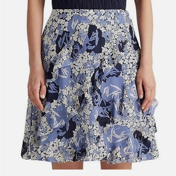 Lauren Ralph Lauren Dresses & Skirts - Ralph Lauren Floral Ruffle-Trim Georgette Skirt In Cream Navy Blue Size 16
